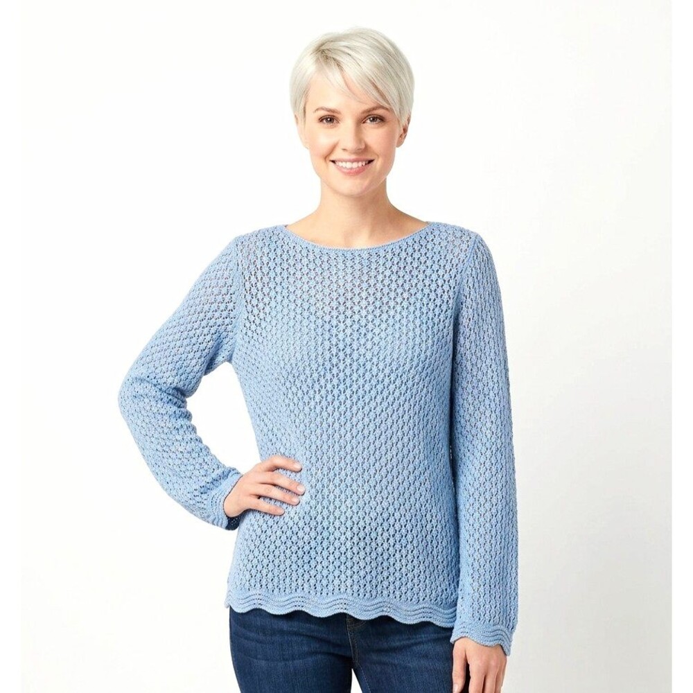 Style & Co Womens Sweater Large CROCHET Blue Open-Knit  Scallop Hem Boho artsy